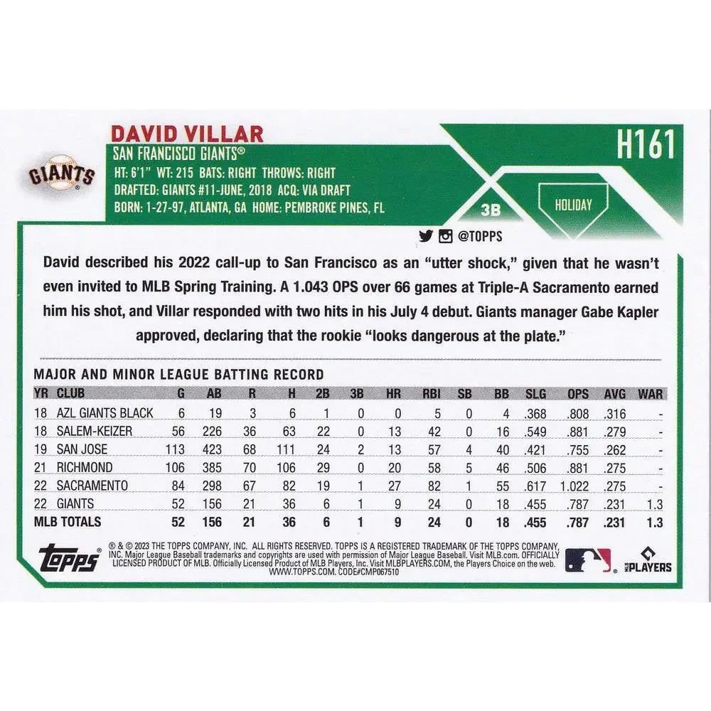 2023 Topps Holiday David Villar RC H161 San Francisco Giants